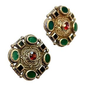NF CHAPAL ZENRAY Sterling Silver 925 Black Green Red Stone Clip Earrings 1"